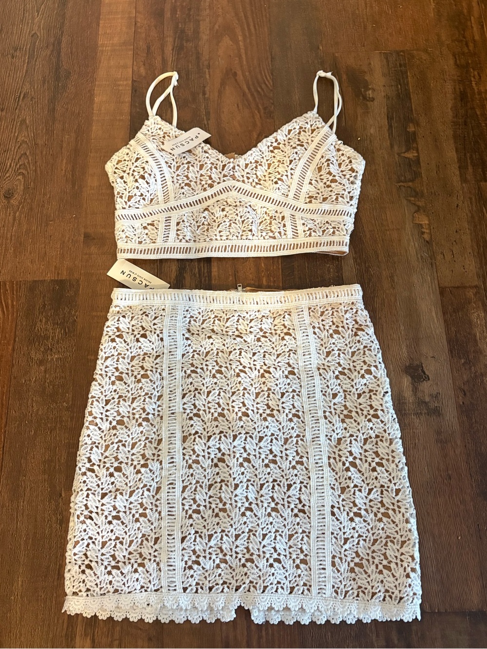 Pacsun Kendall & Kylie White Crochet Mini Pencil Skirt and Lace Crop Top Set